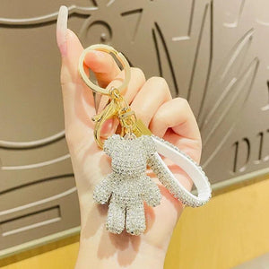 Rhinestone Bear Animal Keychain Leather Strap Car Key Case Pendant