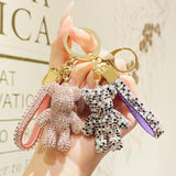 Rhinestone Bear Animal Keychain Leather Strap Car Key Case Pendant