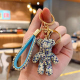 Rhinestone Bear Animal Keychain Leather Strap Car Key Case Pendant