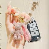Rhinestone Bear Animal Keychain Leather Strap Car Key Case Pendant