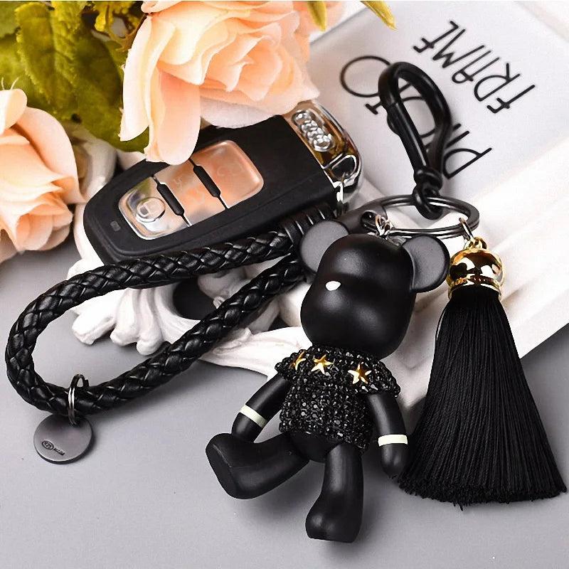 Cartoon Leather Weave Rope Keychain with Tassel Key Ring