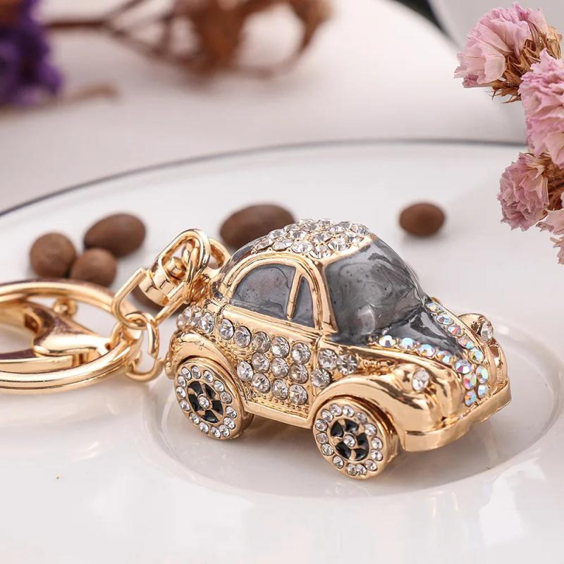 Metal Car Rhinestone Beetle Keychain Pendant