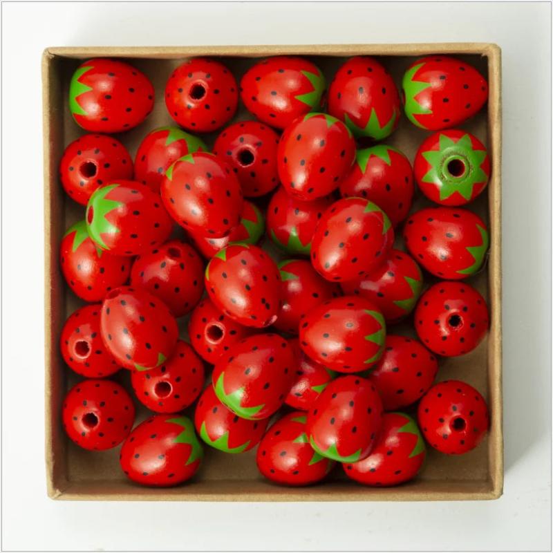 10Pcs Strawberry Red Wooden Beads DIY Party Decor Children's Toys