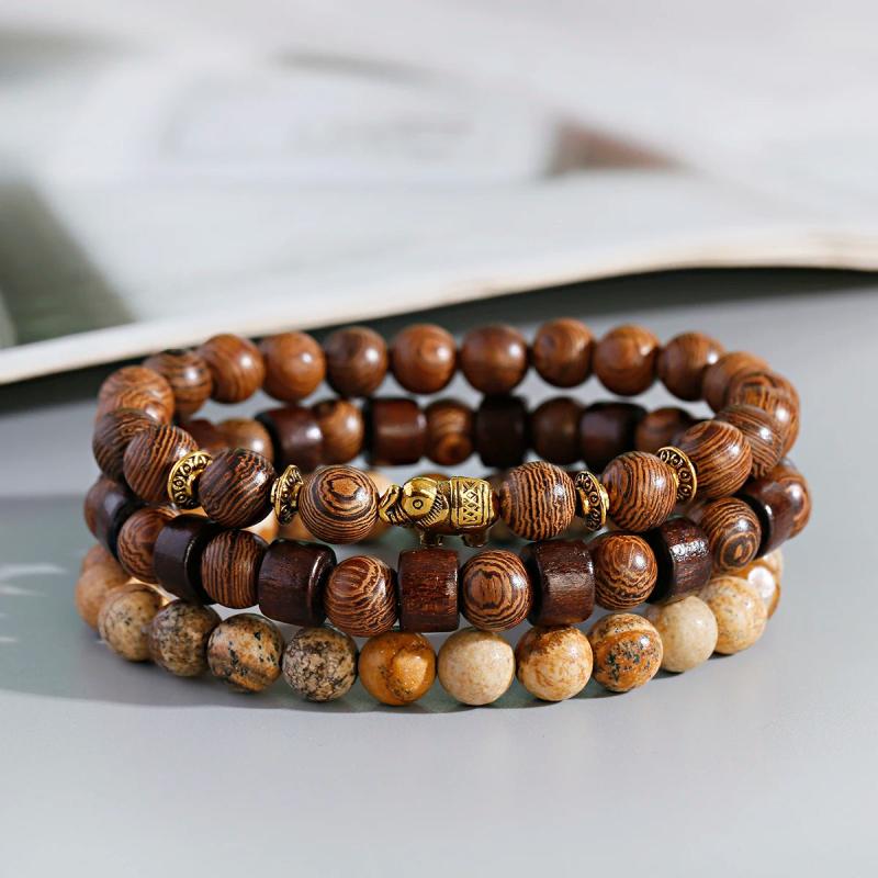 3PCS Natural Wood Beads Bracelet Men Classic Elastic Buddhist Pra