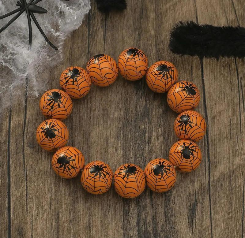 Personalized Wooden Beads Bracelet with Pumpkin Spider Print