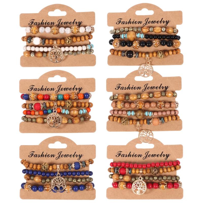 Wooden Beads Bracelet Multicolor Women Boho Bangles With Pendant