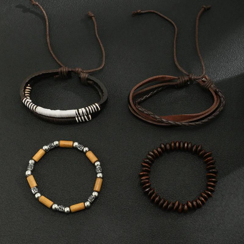 Men's Retro Beaded Leather Bracelet Charm Stitching Hand Rope Jewelry