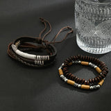 Men's Retro Beaded Leather Bracelet Charm Stitching Hand Rope Jewelry