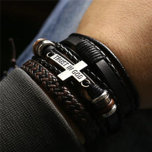 Leather Bracelet Set Trust in God Charms Homme Jewelry