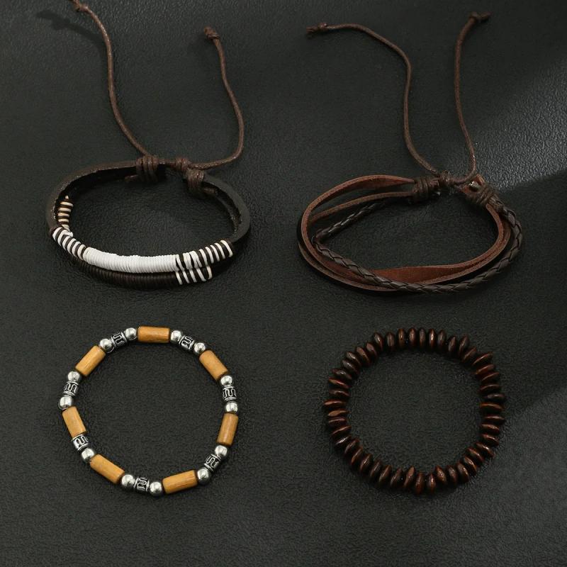 Retro Wooden Beads Leather Bracelet for Men's