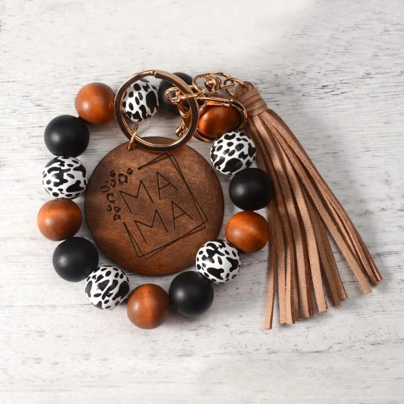 Leopard Print Tassel Wrist Keychain Wood Bead Keyring Gift