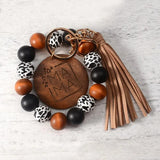 Leopard Print Tassel Wrist Keychain Wood Bead Keyring Gift