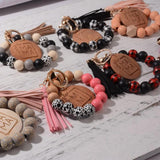 Leopard Print Tassel Wrist Keychain Wood Bead Keyring Gift