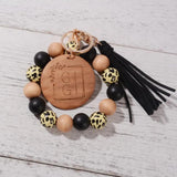 Leopard Print Tassel Wrist Keychain Wood Bead Keyring Gift