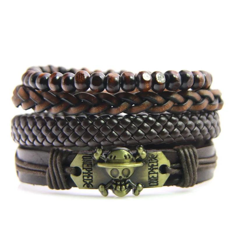 Men's Braided Leather Bracelet with Skull Charm