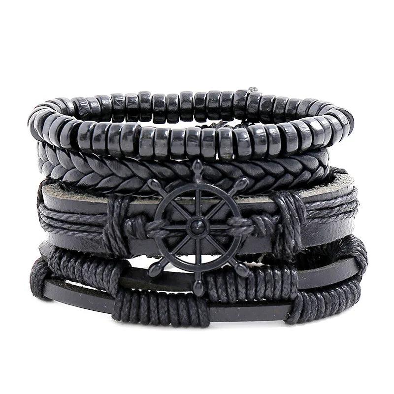 Vintage Wood Beads Leather Bracelets Set