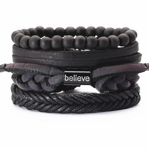 Vintage Wood Beads Leather Bracelets Set