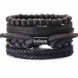 Vintage Wood Beads Leather Bracelets Set