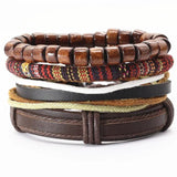Vintage Wood Beads Leather Bracelets Set