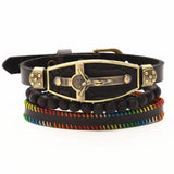 Vintage Elephant Cross Charm Leather Bracelets Set