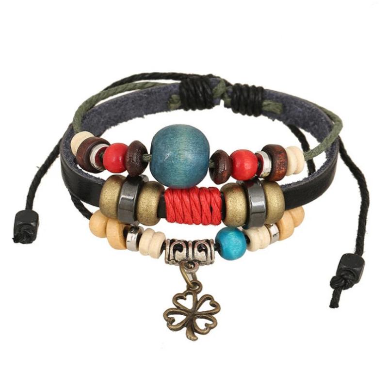 Vintage Four Leaf Clover Bracelet Leather Wood Charms Bangle