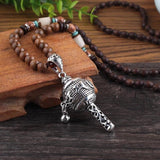 Vintage Tibet Prayer Wheel Pendant Necklace Buddhist Amulet Wood Beads