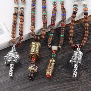 Vintage Tibet Prayer Wheel Pendant Necklace Buddhist Amulet Wood Beads
