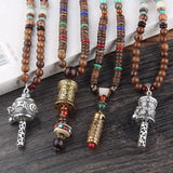 Vintage Tibet Prayer Wheel Pendant Necklace Buddhist Amulet Wood Beads