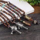 Vintage Tibet Prayer Wheel Pendant Necklace Buddhist Amulet Wood Beads