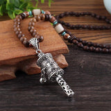 Vintage Tibet Prayer Wheel Pendant Necklace Buddhist Amulet Wood Beads