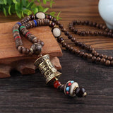 Vintage Tibet Prayer Wheel Pendant Necklace Buddhist Amulet Wood Beads