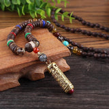 Vintage Tibet Prayer Wheel Pendant Necklace Buddhist Amulet Wood Beads