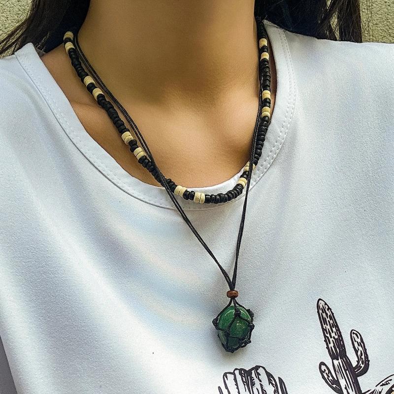 Punk Mix Wood Beads Strand Necklace Unisex Natural Stone Pendant Choker
