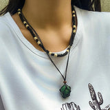 Punk Mix Wood Beads Strand Necklace Unisex Natural Stone Pendant Choker