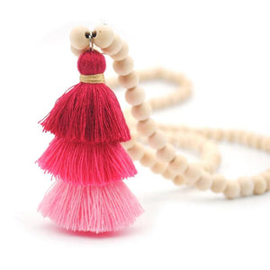Yumfeel Tassel Necklace Ivory Wood Beaded 3 Layered Cotton Tassels Long Necklace