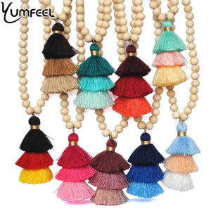 Yumfeel Tassel Necklace Ivory Wood Beaded 3 Layered Cotton Tassels Long Necklace