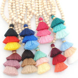 Yumfeel Tassel Necklace Ivory Wood Beaded 3 Layered Cotton Tassels Long Necklace