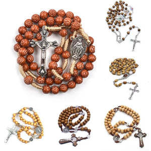 Beaded DIY Christ Jesus Wooden Beads Rosary Cross Pendant Necklace