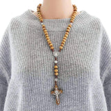 Beaded DIY Christ Jesus Wooden Beads Rosary Cross Pendant Necklace