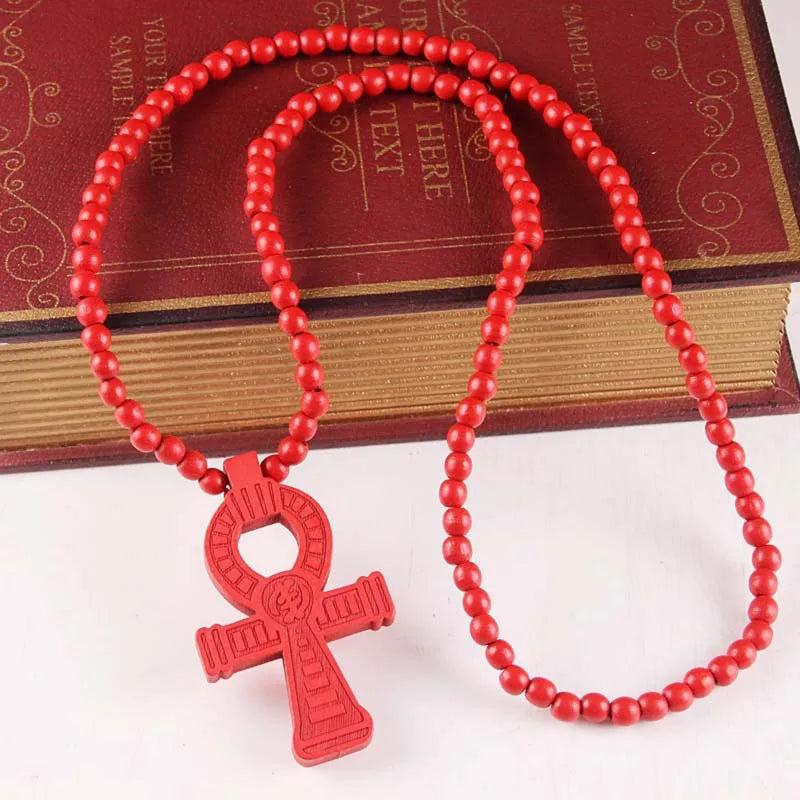 Egyptian Ankh Crucifix Hip Hop Wood Beads Necklace Pendant