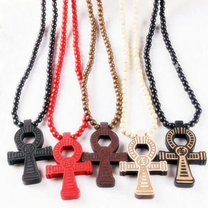 Egyptian Ankh Crucifix Hip Hop Wood Beads Necklace Pendant