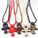 Egyptian Ankh Crucifix Hip Hop Wood Beads Necklace Pendant