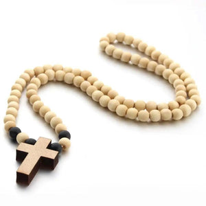 Cross Jesus Wood Necklace Pendant Long Rosary Catholic Necklaces