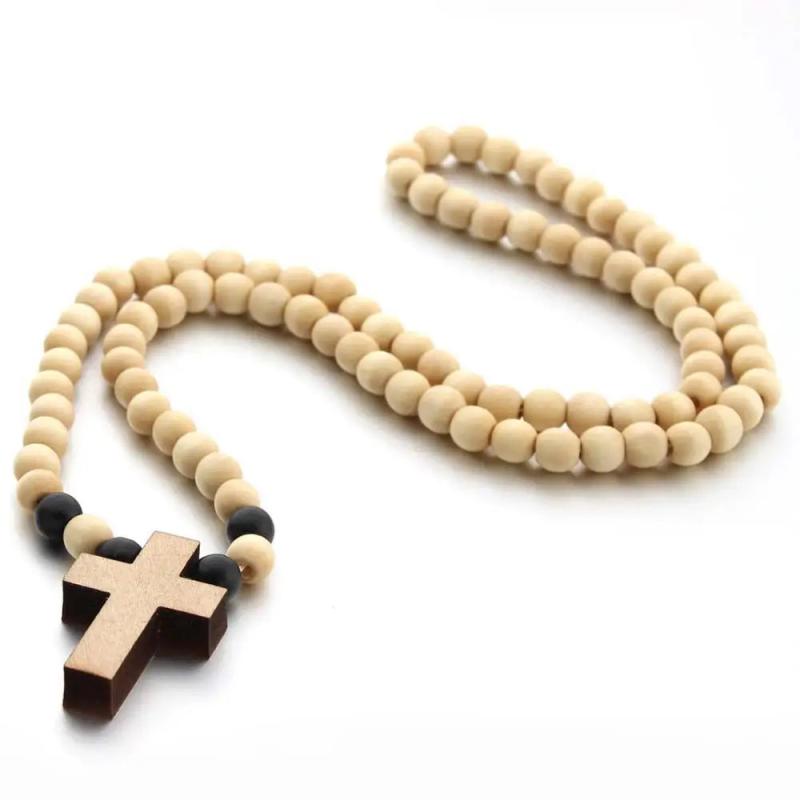 Cross Jesus Wood Necklace Pendant Long Rosary Catholic Necklaces