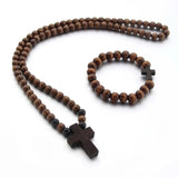 Cross Jesus Wood Necklace Pendant Long Rosary Catholic Necklaces