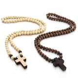 Cross Jesus Wood Necklace Pendant Long Rosary Catholic Necklaces