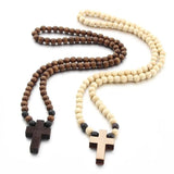 Cross Jesus Wood Necklace Pendant Long Rosary Catholic Necklaces