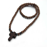 Cross Jesus Wood Necklace Pendant Long Rosary Catholic Necklaces
