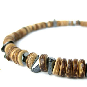 Hematite and Wood Bead Necklace for Men