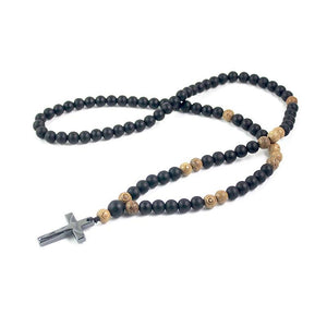Matte Wood Beads Hematite Cross Pendant Necklace Rosary